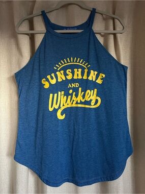 NWOT Irisgod Blue Halter Tank with Yellow 'Sunshine and Whiskey' Graphic